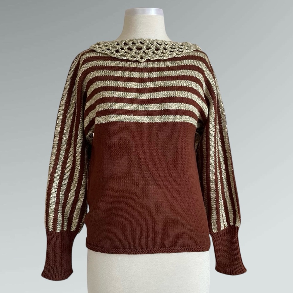 Vintage 70s 80s Gold Metallic Stripes & Brown Knit Crochet Collar Sweater